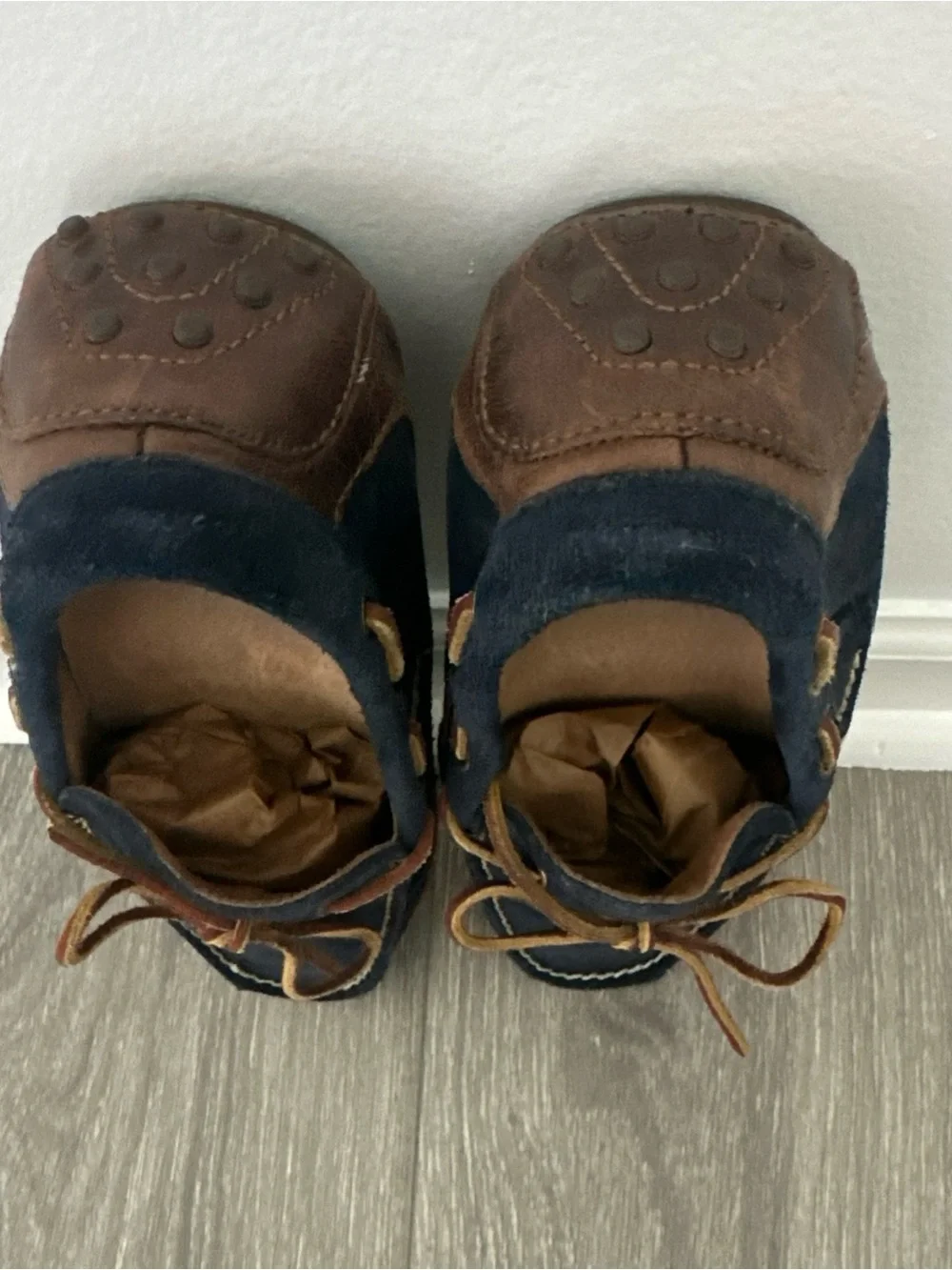 Polo by Ralph Lauren Navy Suede Moccasin Loafers with Brown Leather Laces sz 9D